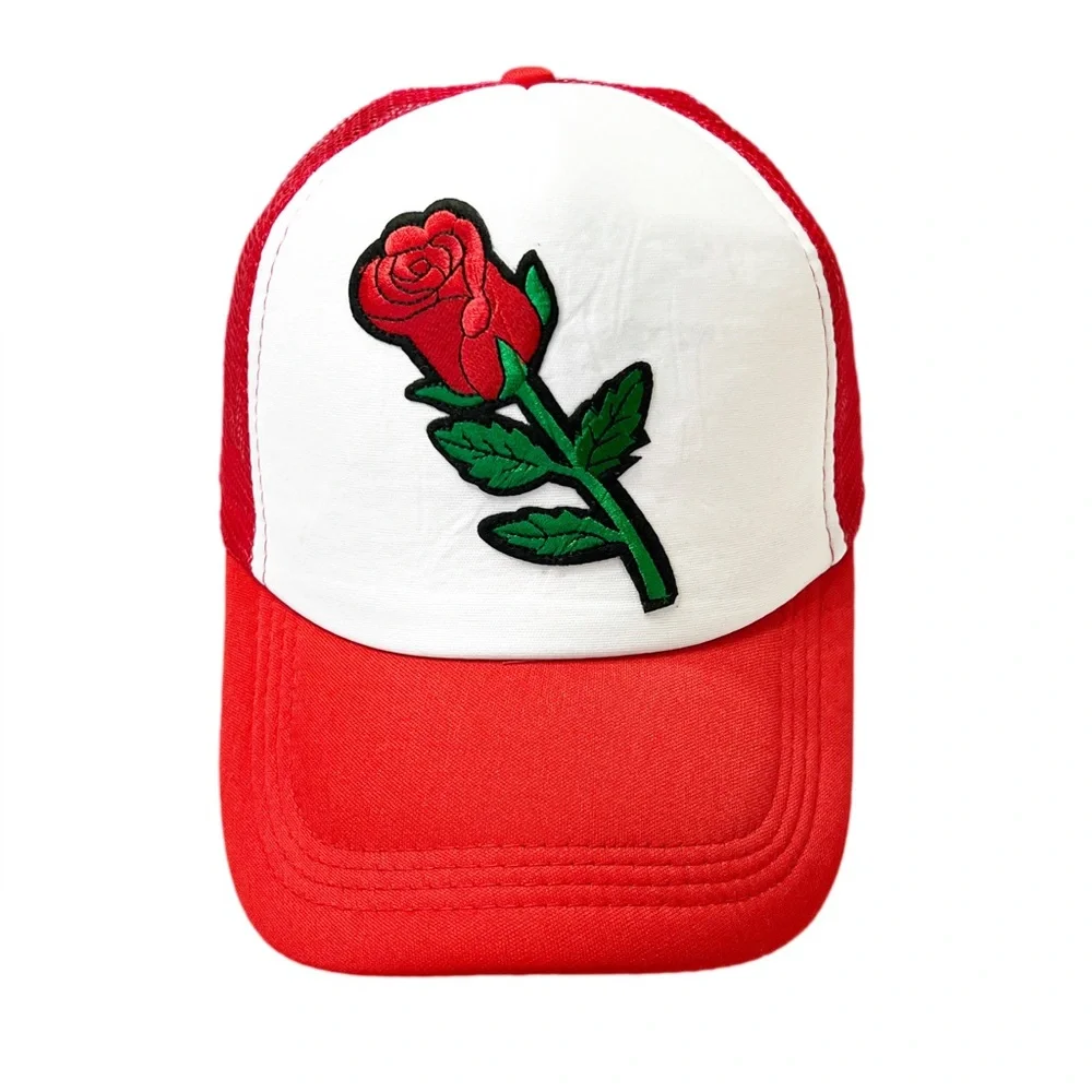 Red Rose Trucker Hat – Embroidered Snapback Mesh Cap - Picture 1 of 3